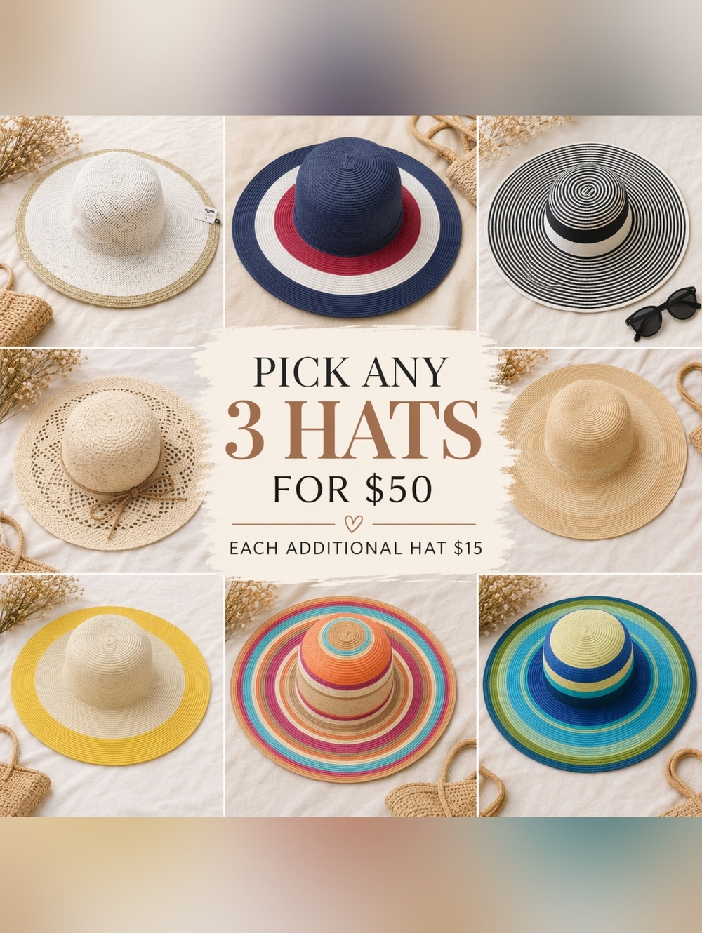 Pick Any 3 Straw Sun Hats - Multicolor & Neutrals